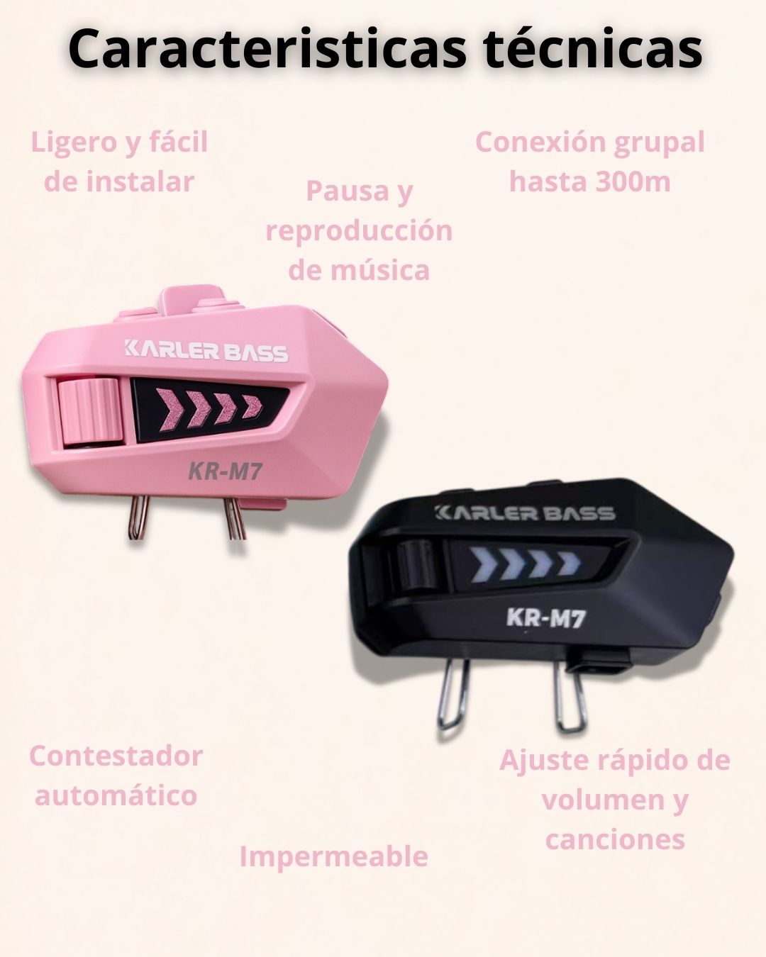 Duo de Intercomunicadores Bluetooth para casco moto | Karler Bass KR-M7 | Color Rosa y Negro - Resistentes al agua 🎁20% DCTO por Amor y Amistad